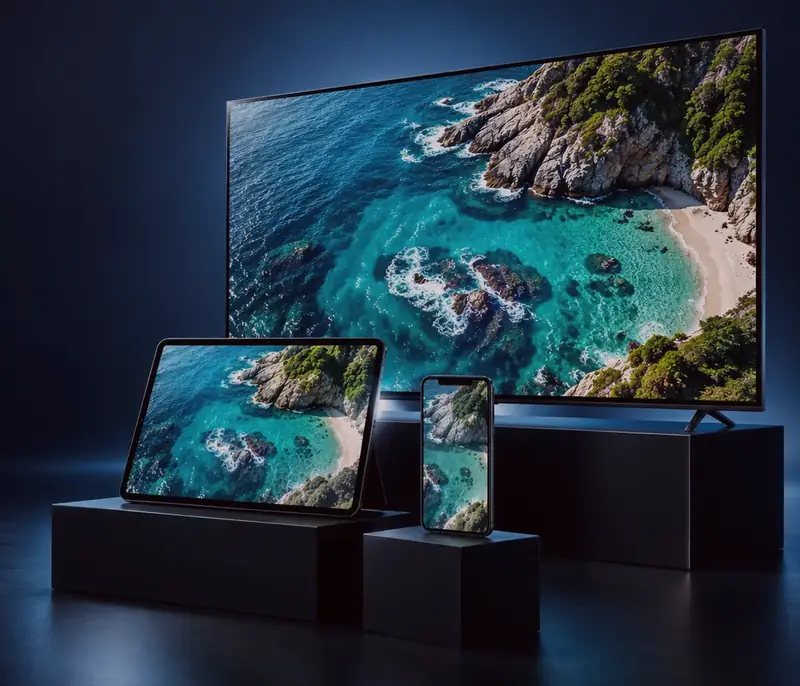 Téléviseur, tablette et smartphone côte à côte, qui affichent la même image de littoral